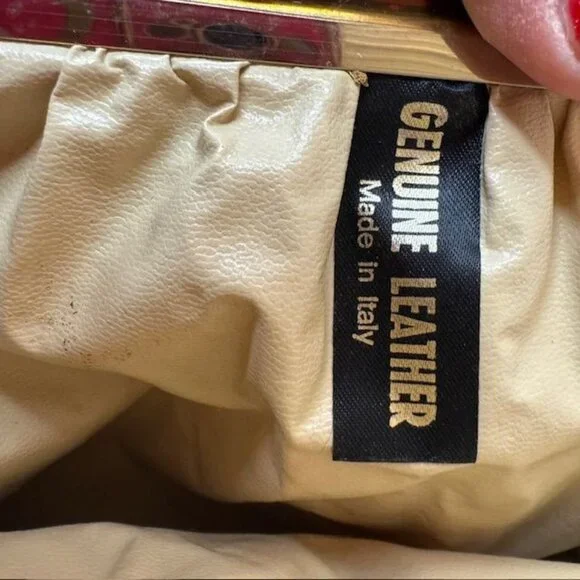 Vintage Yellow Leather Clutch Purse With Wooden Frame Made In Italy - Picture 5 of 6